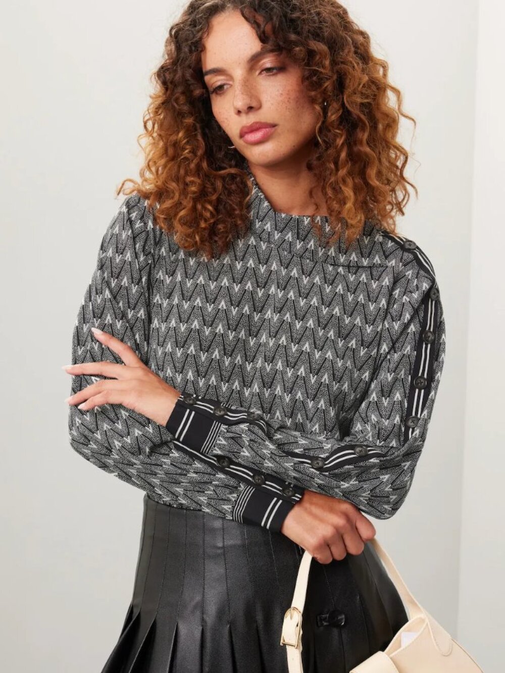 Veronica Beard Clarkson Top in Black Print Silk Long Sleeve Blouse 2 XS